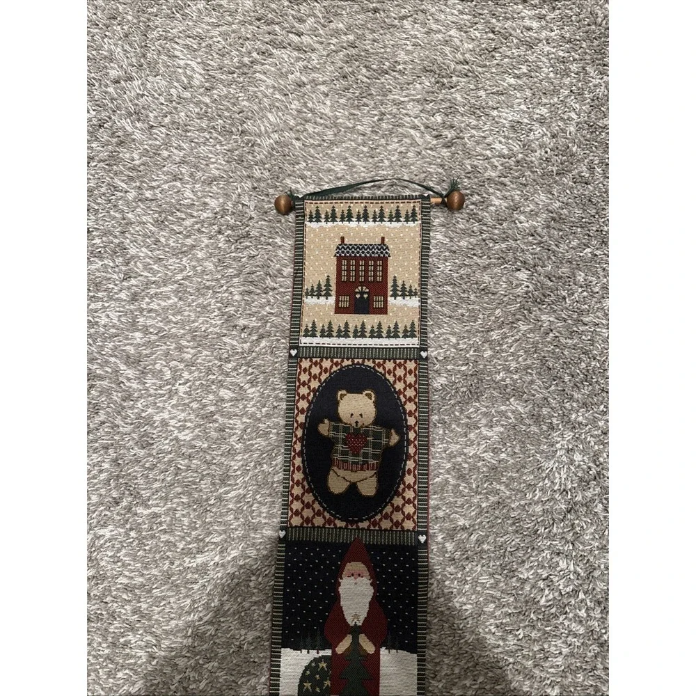 Christmas Bell Pull Holiday Wall Tapestry Santa Tree Cat Snowman Folk USA Made